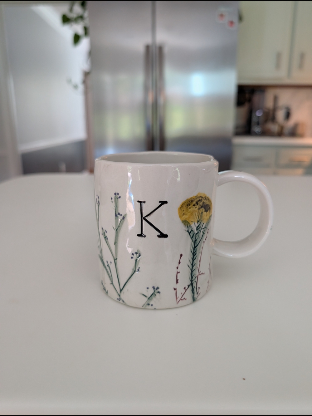 White Ceramic Monogram 'K' Mug with Yellow Floral Accent